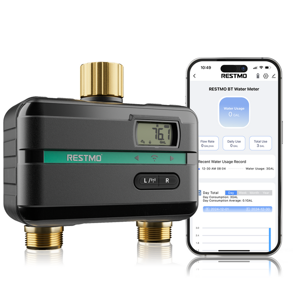RESTMO Bluetooth Remote Control Smart Water Timer with Flow Meter, 2 Zone Water Timer for Garden Hose, Brass Inlet & Outlet, Automatic Lawn & Yard Irrigation Watering System, APP Remote Control