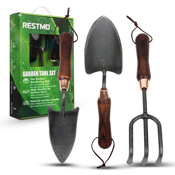 RESTMO Heavy Duty Gardening Tools Kit, 3 Pack Wooden Handle Garden Tools Set Include Trowel, Transplant Shovel, Weeder for Flowerbeds, Potted Plants, Vegetable Garden