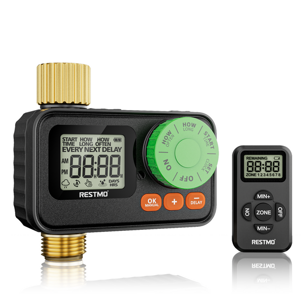 RESTMO RF Remote-Controlled Water Timer with Brass Inlet & Outlet, Programmable Sprinkler Timer for Garden Hose, Automatic | Manual | Rain Delay for Outdoor Faucet, Drip Irrigation and Lawn Watering