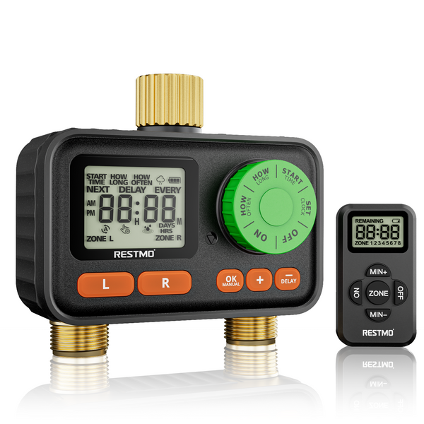 RESTMO RF Remote Controlled Sprinkler Timer with Brass Inlet & Outlet, Water Timer for Garden Hose, Automatic/Manual/Rain Delay for Outdoor Faucet, Drip Irrigation and Lawn Watering, 2 Outlet