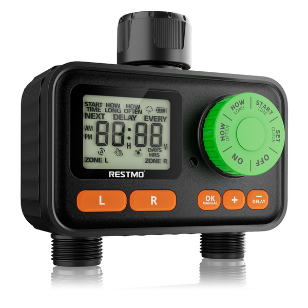 RESTMO 2 Zone Sprinkler Timer, Programmable Water Timer for Garden Hose, Automatic Digital Control | Manual ON/Off | Rain Delay for Outdoor Faucet, Drip Irrigation and Lawn Watering System