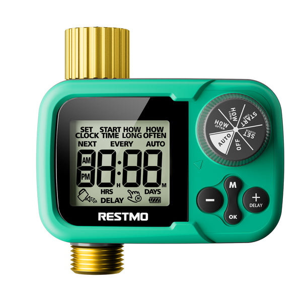 RESTMO Sprinkler Timer with Brass Inlet & Outlet, Ball Valve Water Timer for Garden Hose, Automatic Control, Manual Watering, Compatible with Rain Barrel, Faucet, Zero/Low Water Pressure Watering