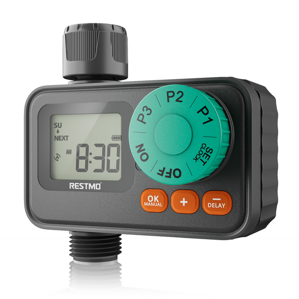 RESTMO Sprinkler Timer with 3 Separate Programs, 7-Day Programmable Water Timer for Garden Hose, Automatic Digital Control/Manual/Rain Delay for Drip Irrigation, Lawn and Yard Watering System