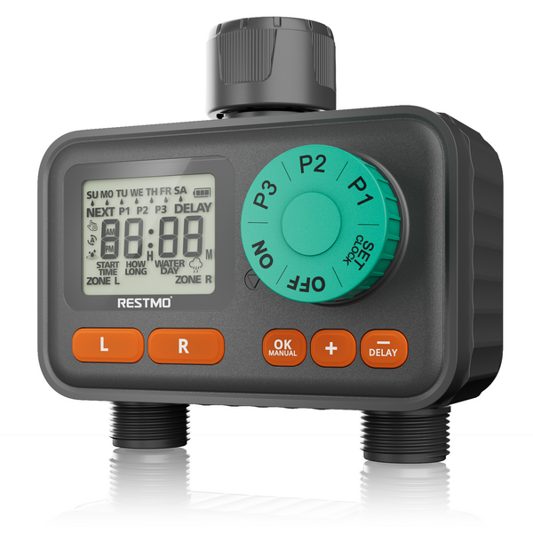 RESTMO 2-Zone Sprinkler Timer with 3 Separate Programs, 7-Day Programmable Water Timer for Garden Hose, Automatic Digital Control/Manual/Rain Delay, Ideal for Drip Irrigation and Lawn Watering System