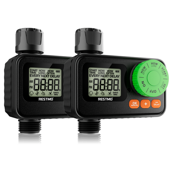 [2 Pack] RESTMO Sprinkler Timer, Programmable Water Timer for Garden Hose, Automatic Digital Control | Manual ON/Off | Rain Delay for Outdoor Faucet, Drip Irrigation and Lawn Watering System