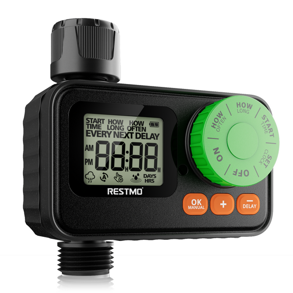 RESTMO Sprinkler Timer, Programmable Water Timer for Garden Hose, Automatic Digital Control | Manual ON/Off | Rain Delay for Outdoor Faucet, Drip Irrigation and Lawn Watering System