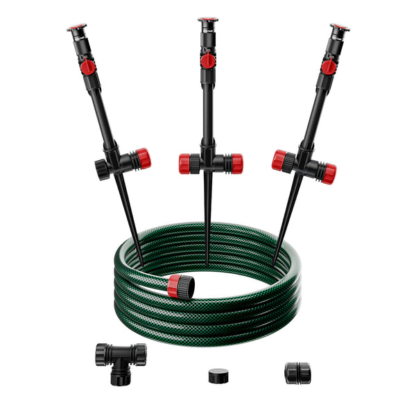 RESTMO Above Ground Sprinkler System with Metal Spike Base, Flexible DIY Irrigation Kit, Multi-Adjustable Lawn Sprinkler & 30ft Hose Set, for Garden Plant, Flower Bed and Large Yard Area Watering