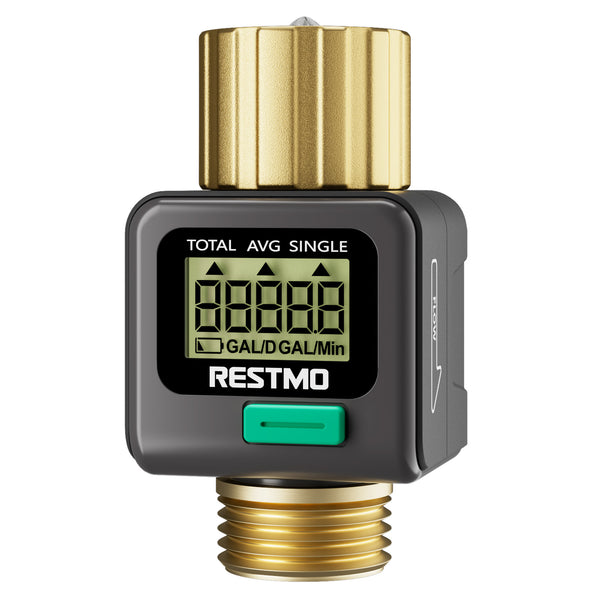 RESTMO Water Flow Meter with Brass Inlet & Outlet, Measure Gallon/Liter Consumption and Flow Rate for Outdoor Garden Hose Watering, RV Water Tank Filling, Lawn Sprinkler and Nozzle Sprayer