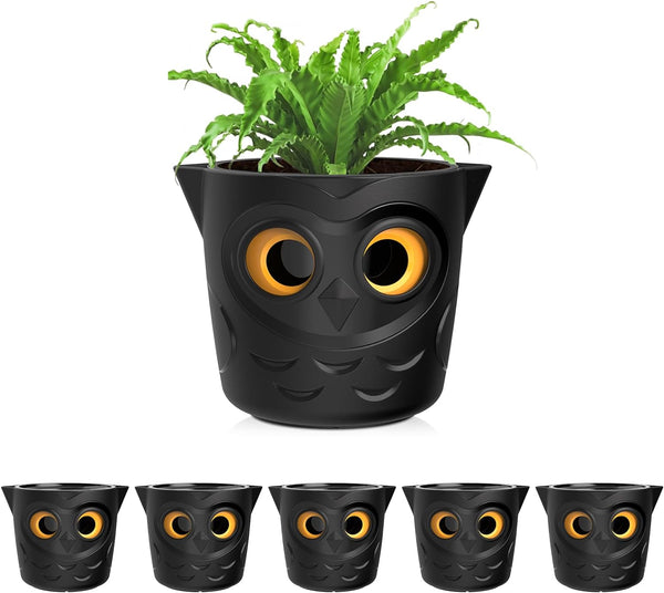 Restmo 6 Pack Plant Pots, 4” Self Watering Planters for Indoor Plants with Owl Eye Water Level Indicator, Cute Flower Pots for Succulents, African Violet, Holiday Decoration Gift, Dark Black