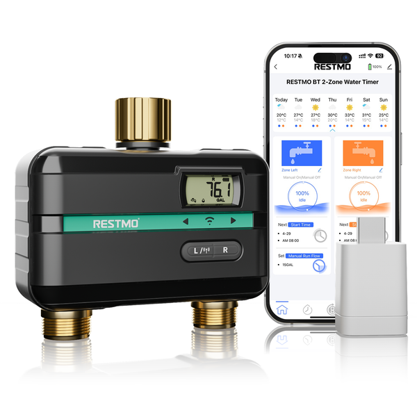 RESTMO Smart Sprinkler Timer with Flow Meter, 2 Zone Water Timer for Garden Hose, Brass Inlet & Outlet, Automatic Lawn & Yard Irrigation Watering System, APP Remote Control (2.4Ghz Wi-Fi Connection)