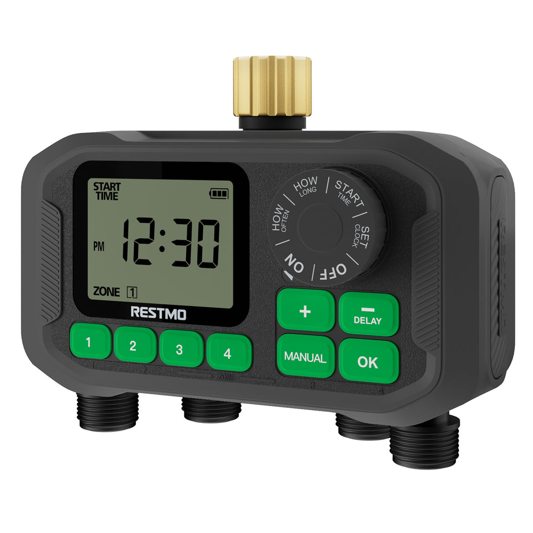 RESTMO 4-Zone Programmable Sprinkler Timer, Brass Inlet and Large Dial