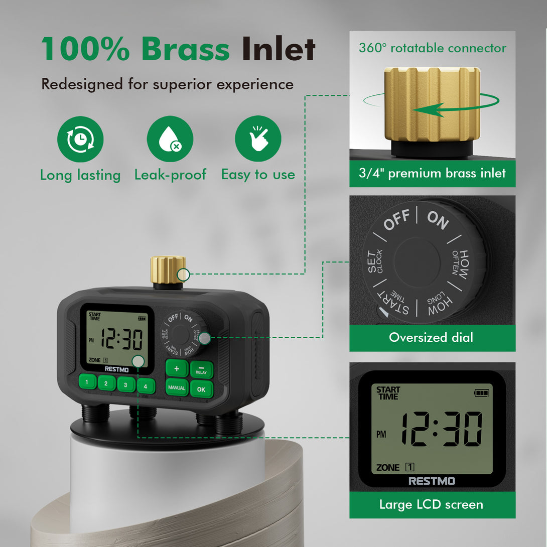 RESTMO 4-Zone Programmable Sprinkler Timer, Brass Inlet and Large Dial