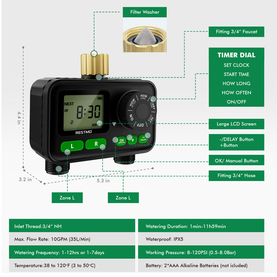 2-Zone Programmable Sprinkler Timer, Brass Inlet & Large Dial, Up to 1 ...