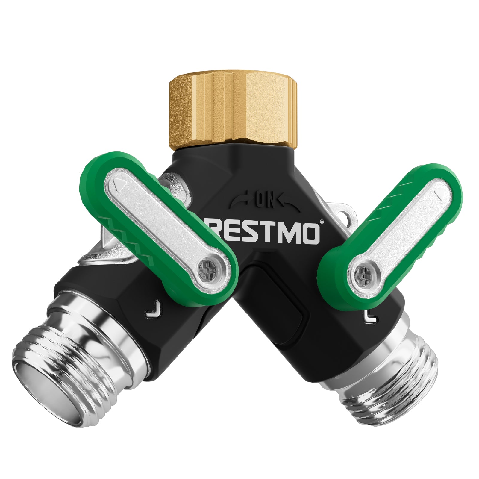 RESTMO 2-Way Brass Hose Splitter with Shutoff Valves and Long Handles,