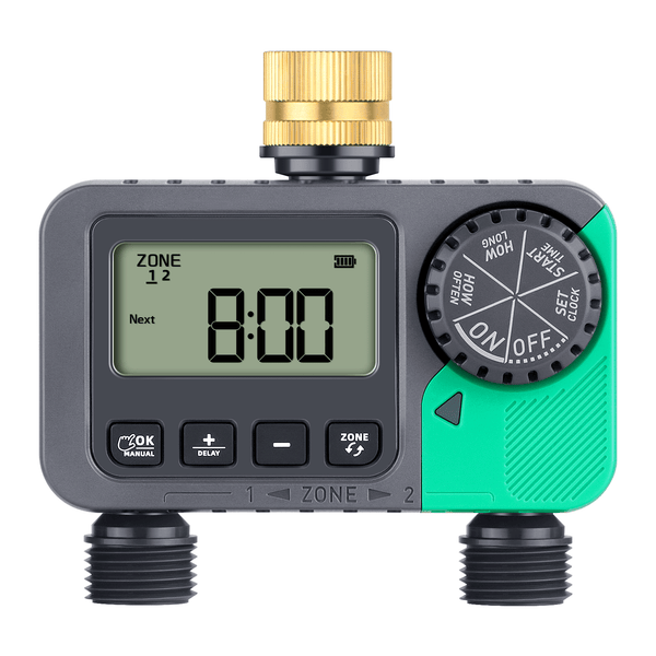 RESTMO Sprinkler Timer with Brass Inlet, 2 Zone Programmable Water Timer for Garden Hose, Automatic Digital Control | Manual ON/Off | Rain Delay, for Outdoor Faucet, Drip Irrigation and Lawn